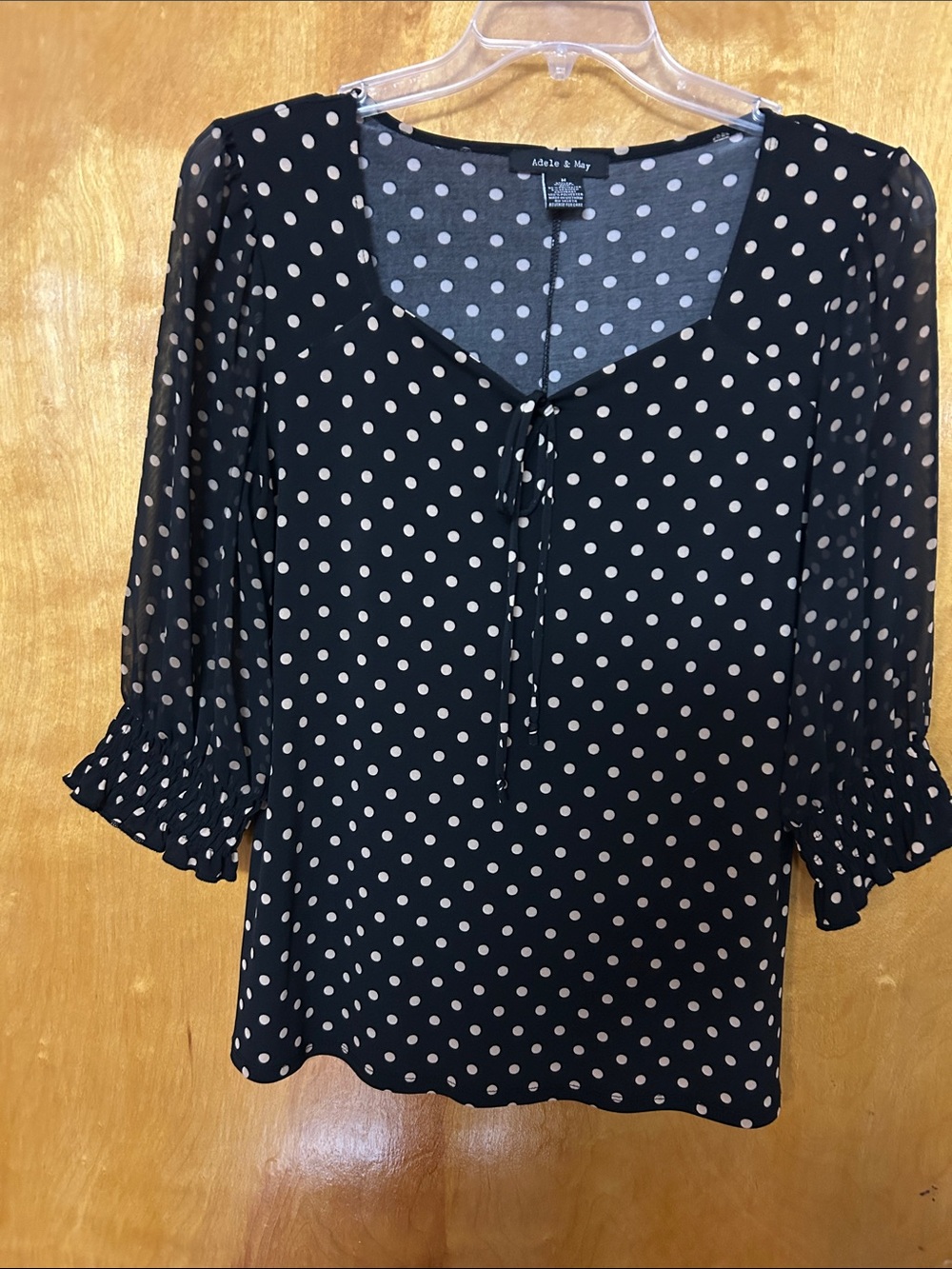 Adele & May Black and beige Polka Dot Tie-Front Blouse, size Medium